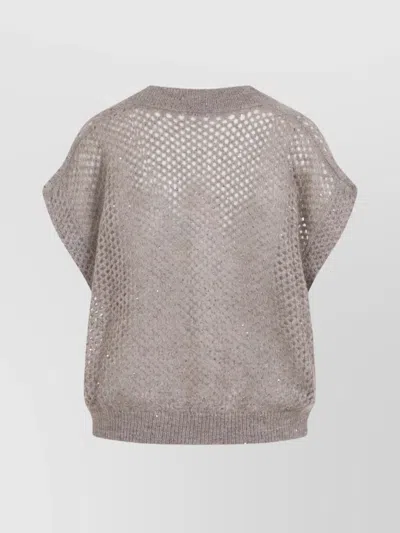 Brunello Cucinelli Openwork Knit Design Vest With Sequins In Neutral