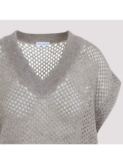 Brunello Cucinelli Openwork Knit Design Vest With Sequins In Neutral