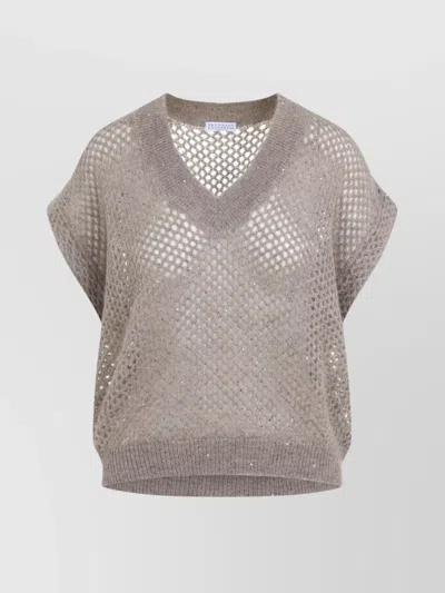 Brunello Cucinelli Openwork Knit Design Vest With Sequins In Neutral