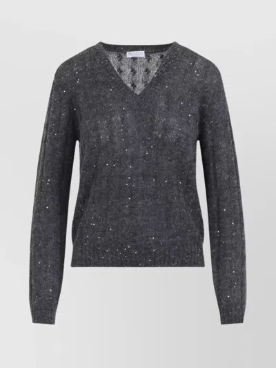 Brunello Cucinelli V-neck Cable Pullover Sequin Embellishments In Gray