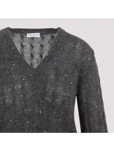 Brunello Cucinelli V-neck Cable Pullover Sequin Embellishments In Gray