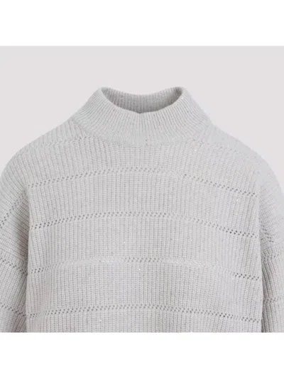 Brunello Cucinelli Mock Neck Lana Cashmire Stripe Pullover