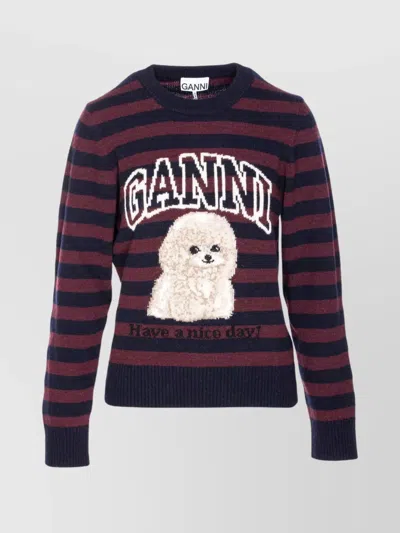Ganni Wool Striped Crewneck Sweater In Burgundy