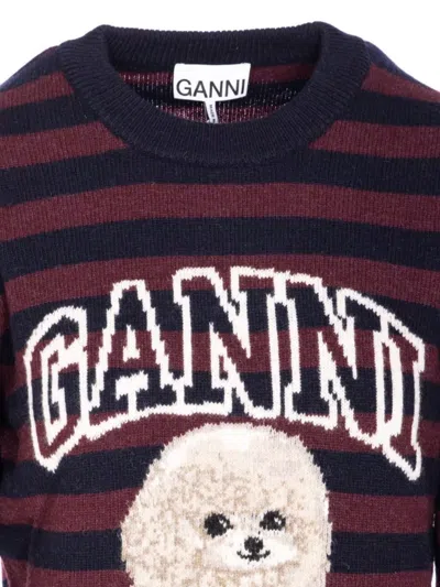 Ganni Wool Striped Crewneck Sweater In Burgundy