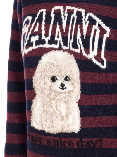 Ganni Wool Striped Crewneck Sweater In Burgundy
