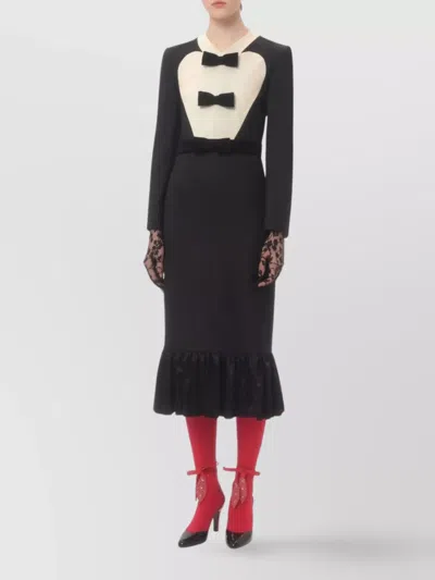 Valentino Belted Bow-embellished Velvet And Ottoman-trimmed Wool Midi Dress
