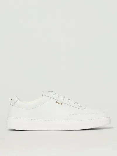 Hugo Boss Coated-leather Trainers With Gold-tone Logo In White
