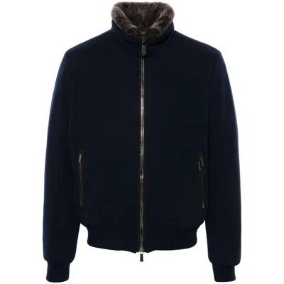 Moorer Padded Fleece Zip-up Jacket With Detachable Faux-fur Collar In Blue