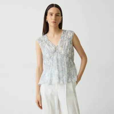 Theory Ruched Sleeveless Top In Floral Silk In Gray