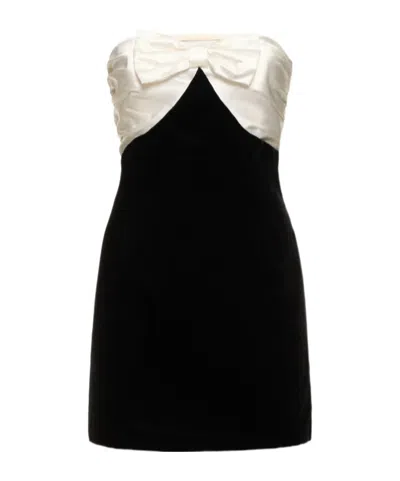 Alessandra Rich Strapless Bow-embellished Silk-duchesse And Velvet Mini Dress In Black