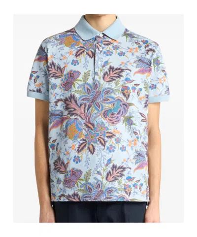 Etro , Cotton Polo Shirt With Print, Man, Sky Blue, Size 3xl