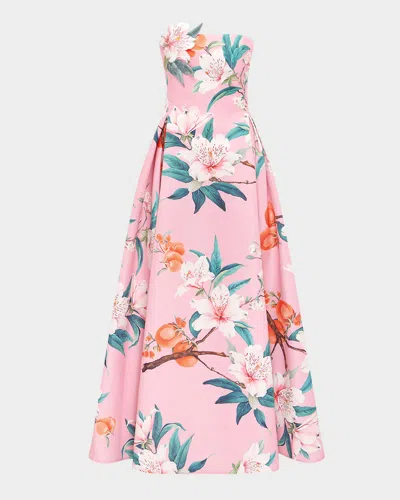 Leo Lin Nora Pleated Floral-print Bustier Gown