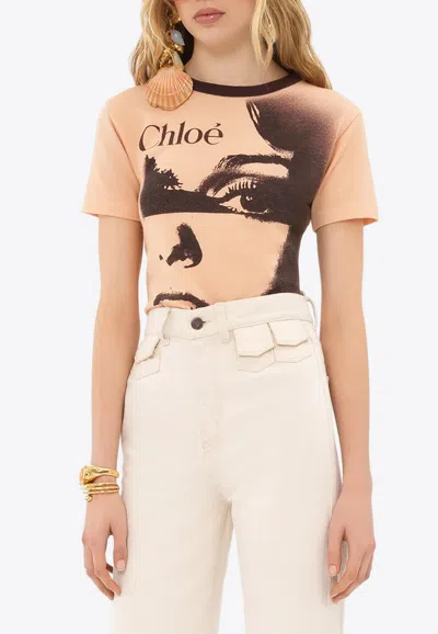 Chloé Multicolor Crewneck T-shirt With Maxi Graphic Print On The Front In Wool Blend Woman