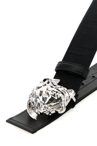 Versace Adjustable Fabric Medusa Belt With Silver-tone Hardware In Black