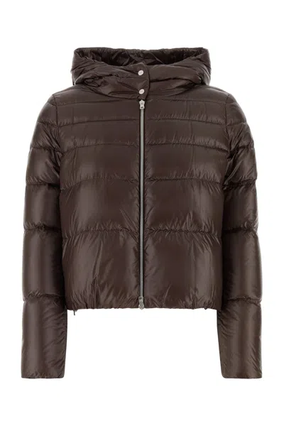 Herno Brown Cropped Down Jacket With Fixed Hood With Snap Buttons In Tech Fabric Woman In Brown