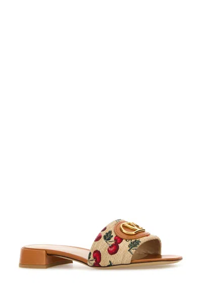 Valentino Garavani Women Embroidered Raffia Vlogo Signature Slippers In Brown