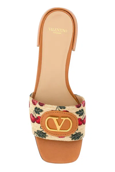 Valentino Garavani Women Embroidered Raffia Vlogo Signature Slippers In Brown