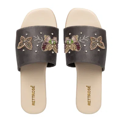 Rettrose Women's Saylor Grey  Luxury Plush Diamanté Embellished Handmade Sliders