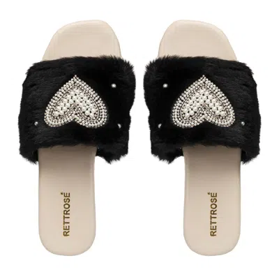 Rettrose Women's Lilah Black Luxury Plush Diamanté Embellished Handmade Sliders