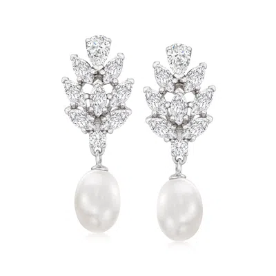 Ross-simons 8-8.5mm Cultured Pearl And Cz Drop Earrings In Sterling Silver