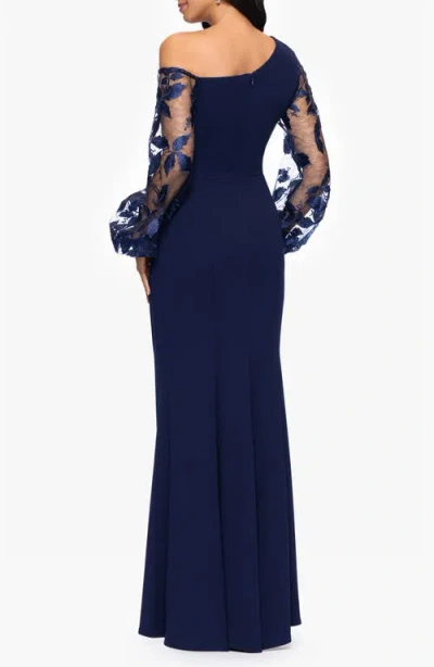 Betsy & Adam Embroidered Long Sleeve One-shoulder Scuba Crepe Gown