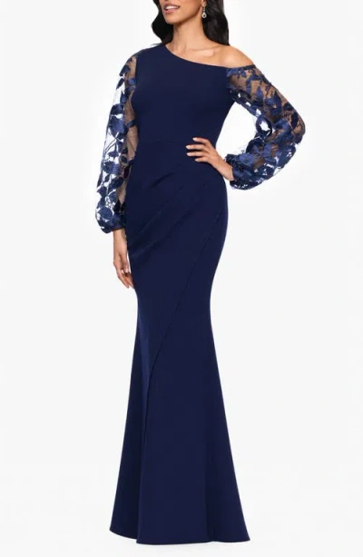 Betsy & Adam Embroidered Long Sleeve One-shoulder Scuba Crepe Gown