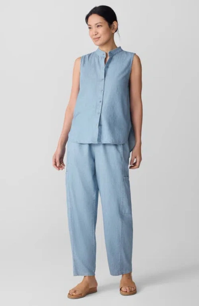 Eileen Fisher Sleeveless Band Collar Chambray Button-up Shirt