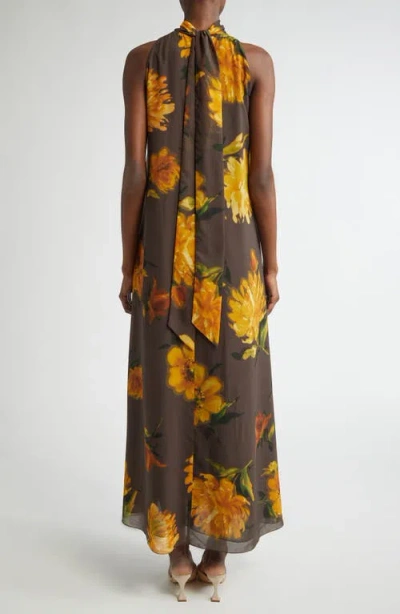 Lela Rose Floral Print Tie Neck Sleeveless Chiffon Maxi Dress In Brown