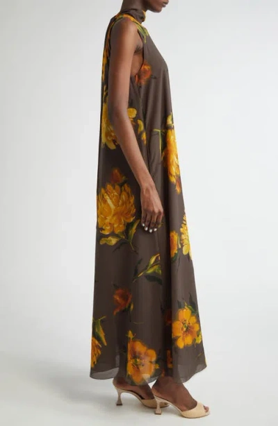 Lela Rose Floral Print Tie Neck Sleeveless Chiffon Maxi Dress In Brown