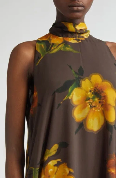 Lela Rose Floral Print Tie Neck Sleeveless Chiffon Maxi Dress In Brown
