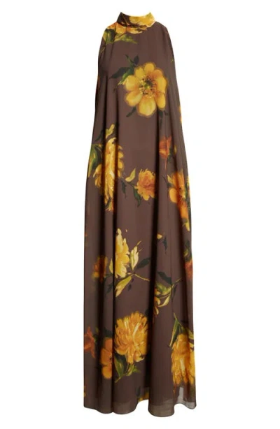 Lela Rose Floral Print Tie Neck Sleeveless Chiffon Maxi Dress In Brown