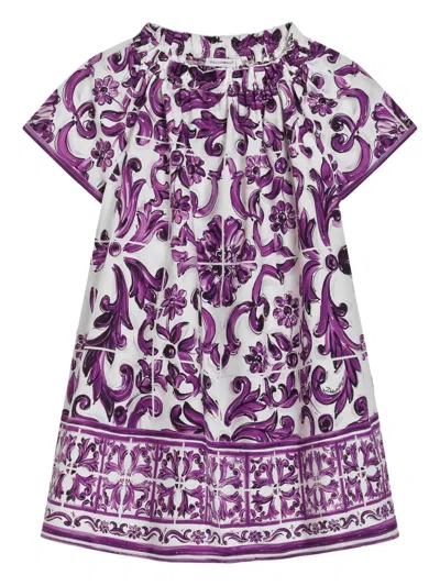 Dolce & Gabbana Majolica-print Short-sleeved Poplin Dress In Purple