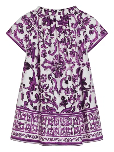 Dolce & Gabbana Majolica-print Short-sleeved Poplin Dress In Purple