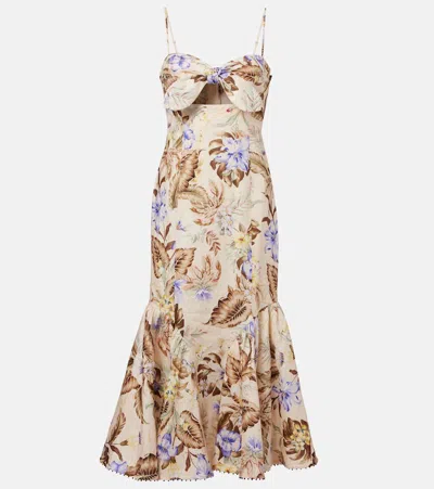 Zimmermann Coco Tie Front Midi Dress In Brown