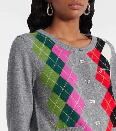 Ganni Argyle-pattern Logo-embroidered Cardigan In Multi