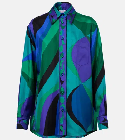Pucci Pesci-print Silk Twill Button-down Blouse In Blue
