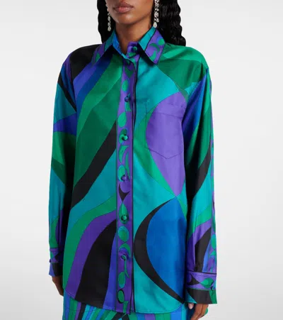 Pucci Pesci-print Silk Twill Button-down Blouse In Blue
