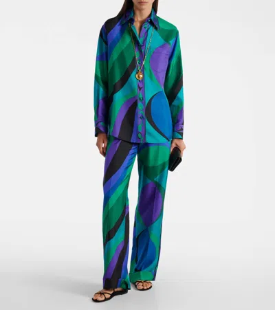 Pucci Pesci-print Silk Twill Button-down Blouse In Blue