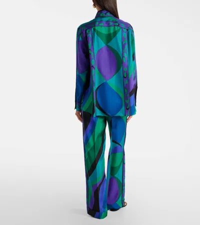 Pucci Pesci-print Silk Twill Button-down Blouse In Blue