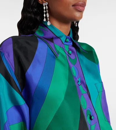 Pucci Pesci-print Silk Twill Button-down Blouse In Blue