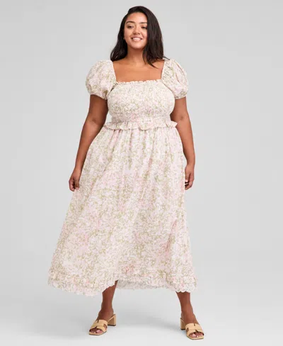 And Now This Trendy Plus Size Printed Puff-sleeve Midi Dress, Exclusively At Macy's In Pink