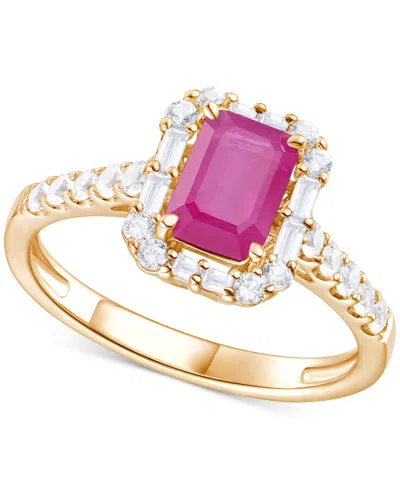Macy's Emerald (1 Ct. T.w.) & Diamond (3/8 Ct. T.w.) Round & Baguette Halo Ring In 14k Gold (also In Ruby &