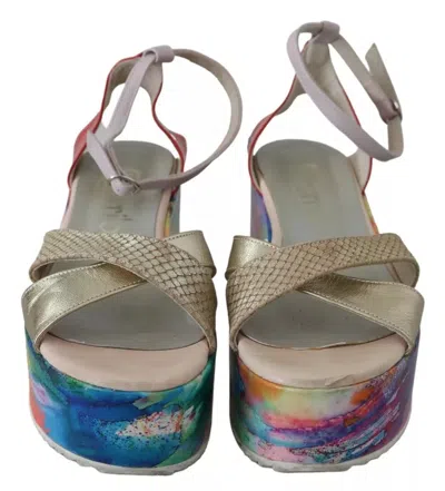 Pre-owned Ebarrito Multicolor Leather Ankle Strap Wedge Heel Sandals Women's Shoes ()