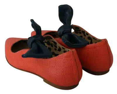 Pre-owned Ebarrito Orange Leather Bow Slip-on Loafers Ballet Flat Women's Shoes ()