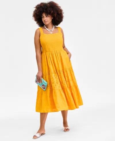 On 34th On 34 Trendy Plus Size Smocked Eyelet Maxi Dress, Exclusively At Macy's In Orange