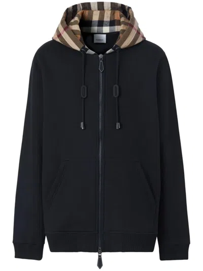 Burberry Check Detailed Zipped Drawstring Hoodie In Black