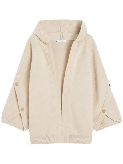 Max Mara Hooded Sweater With Button-detail Sleeves In Wool-cashmere Blend In Neutral