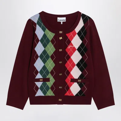 Ganni Womens Tawny Port Rhombus-print Round-neck Wool And Cashmere Cardigan Xl