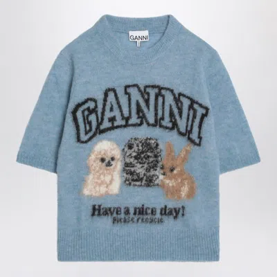 Shop Ganni Light Blue Sweater With Blend Logo