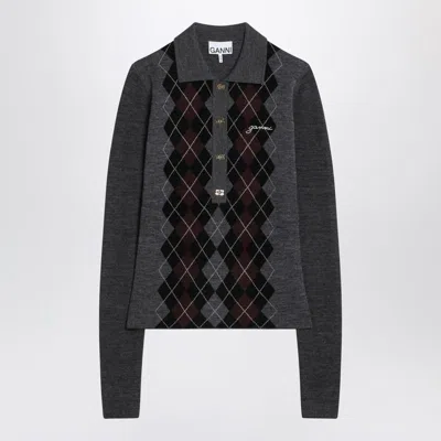 Ganni Grey Sweater With Classic Collar And Check Motif On The Front In Wool Woman In Gray